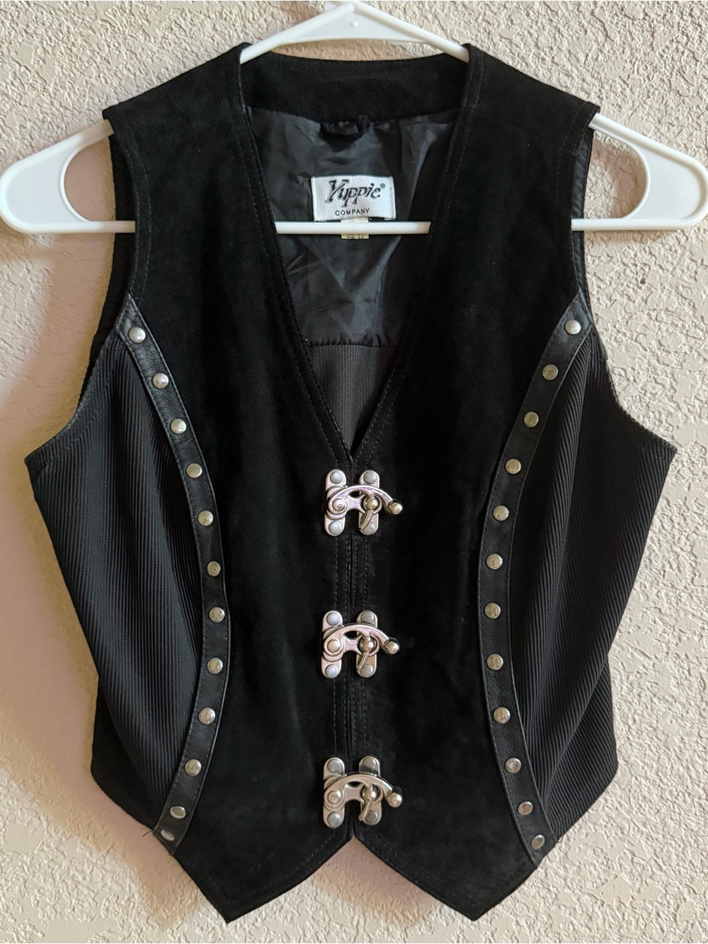 90'S Vintage Yuppie Women Size M Black Leather Corset Vest Silver Hardware Biker